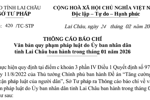 Thông cáo báo chí: Văn bản quy phạm pháp luật do Ủy ban nhân dân tỉnh Lai Châu ban hành trong tháng 01 năm 2026